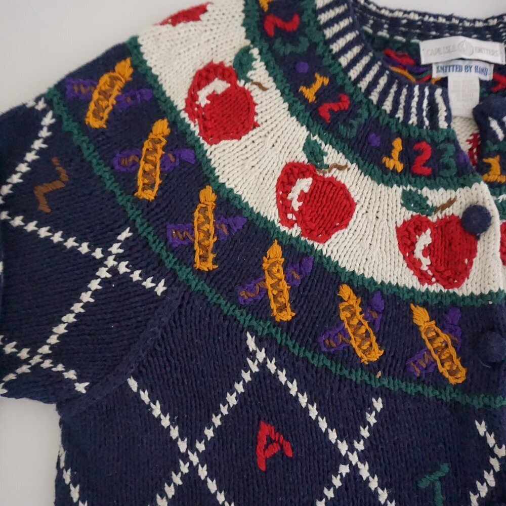 Vintage Cape Isle Knitters Navy Apple Numbers Cotton Hand Knit Blue Cardigan M - Picture 8 of 10